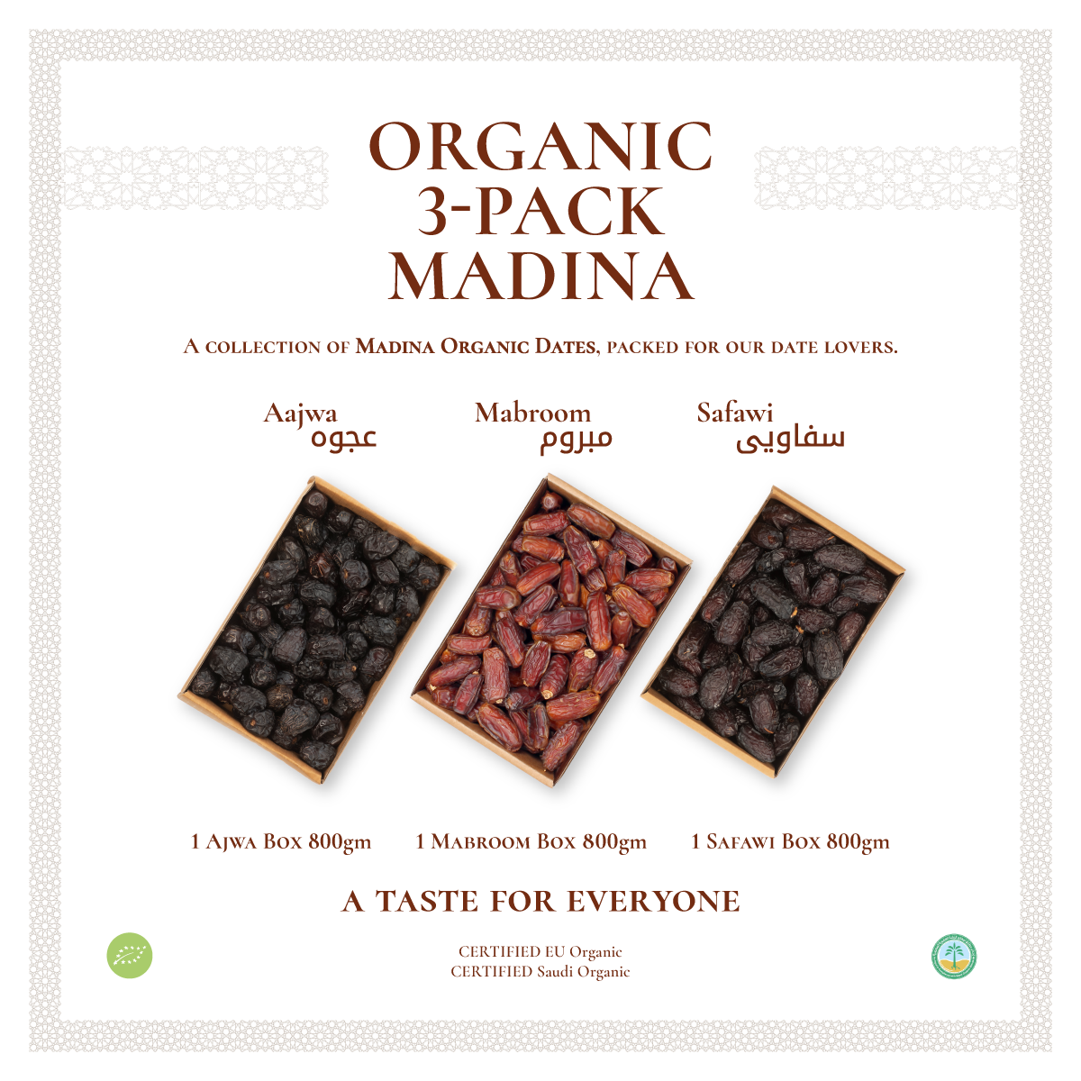 Organic 3 Pack-Madina (Ajwa, Mabroum, Safawi) Dates | Tammar Dates | UAE