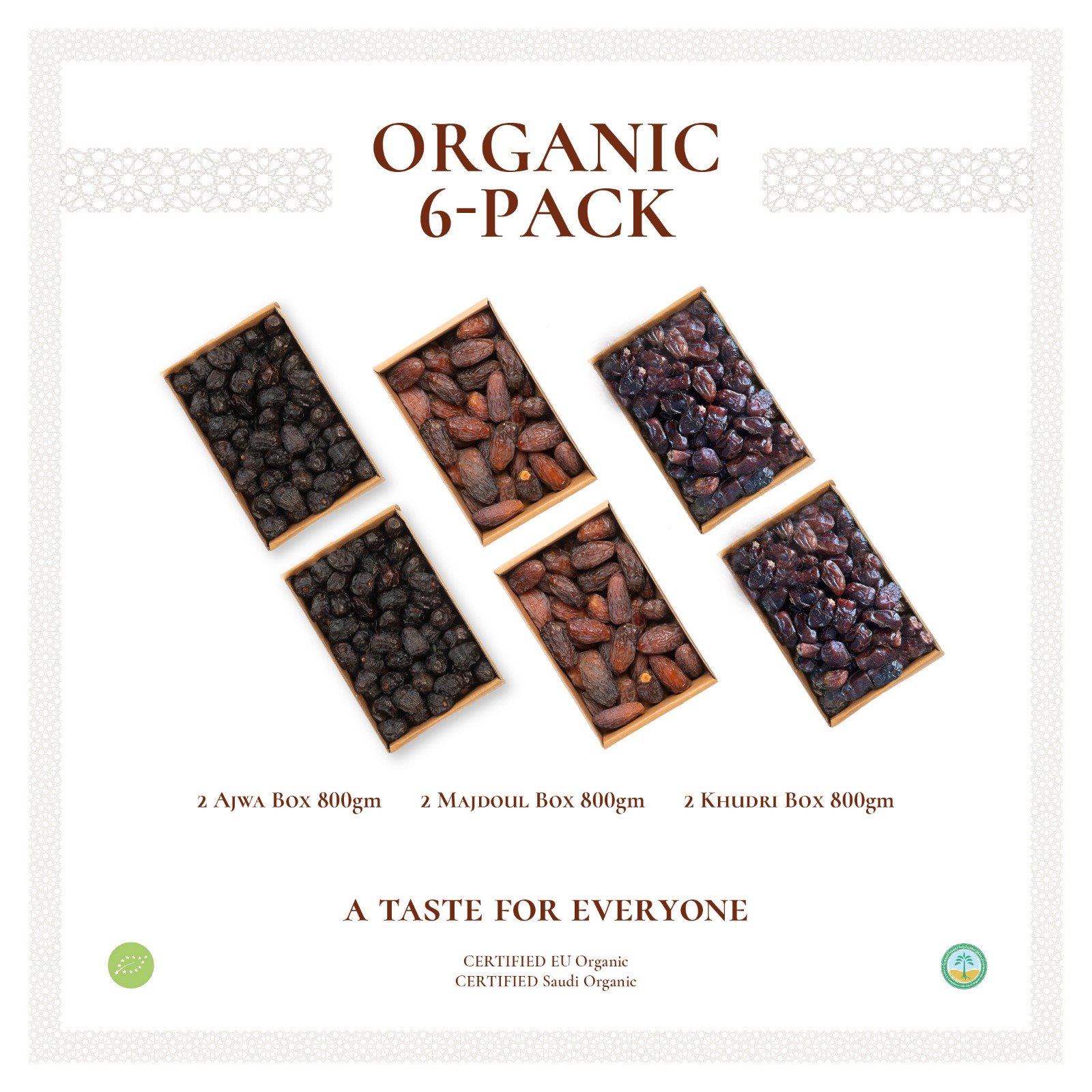 Organic 6-Pack-Mix (Ajwa, Ajwa, Majdoul, Majdoul, Khudri, Khudri)